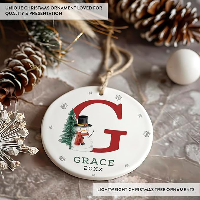 Andaz Press Personalized Ornament, Custom Name, Initial G Monogram Snowman 2.8" Ceramic Porcelain 2025 Christmas Ornament Keepsake for Kids, Boys, Girls, Initial Ornaments, 1-Pack