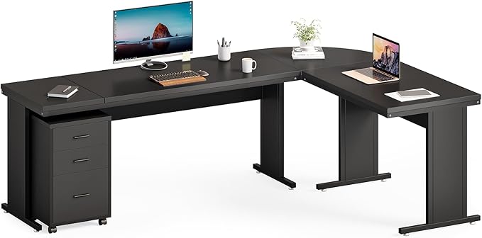 LITTLE TREE 82.67" Long Executive Desk Large L-Shaped Computer Office Desk with 3-Drawer Mobile File Cabinet, Industrial Business Furniture Desk Workstation for Home Office, Black