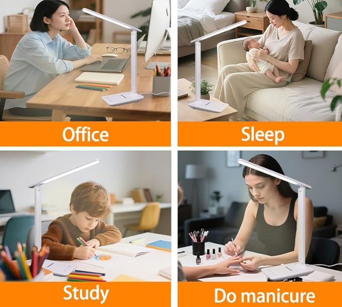 Led Desk Lamp Dimmable Table Lamp with USB Charging Port, 5 Lighting Modes, Sensitive Control, Foldable Portable Dorm Desk Lamps for Home Office Bedroom Reading Study Work (White)