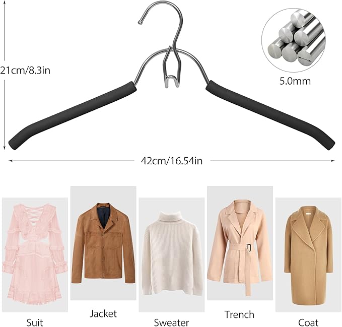 VWV Hangers, Space Saving Hanger, Heavy-Duty Stainless Steel Sweater and Shirt Hanger, Wardrobe Organizer (Black, 10 Pack)