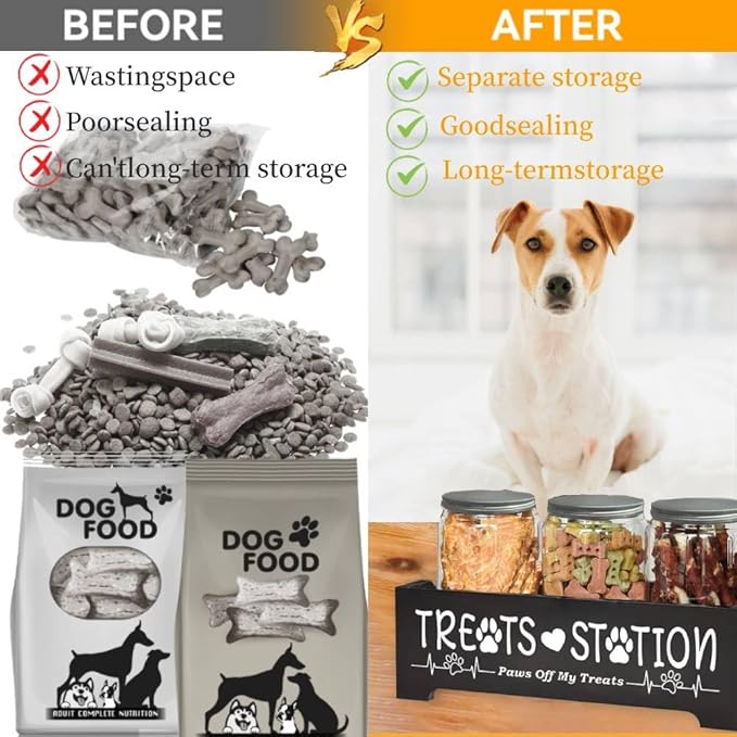 Dog Treat Container,Airtight Dog Food Storage Container with 3 Jars, Farmhouse Wood Dog Treat Jars, Pet Food Storage Containers for Dog, Cat or Small Animals(Black)