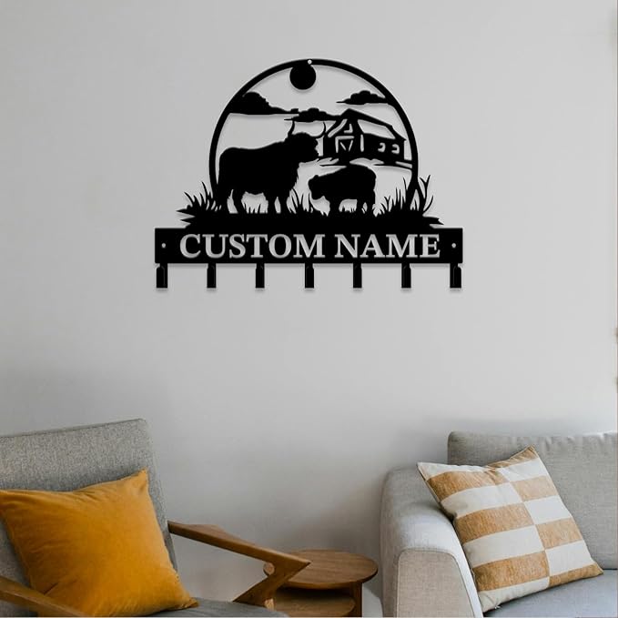 Personalized Highland Cow Metal Keys Hooks,Custom Name Metal Highland Cow Keys Hooks,Black Metal Highland Cow Wall Home Storage Decorative Keys Hooks,Key Holder Hooks for Wall (Style J)