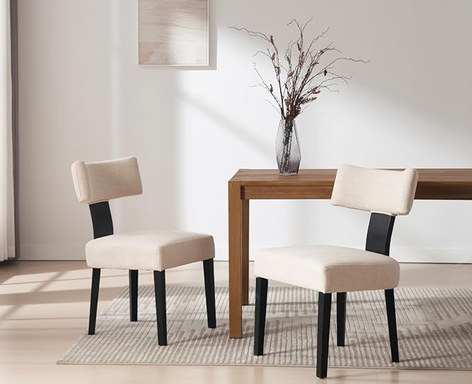 Modern Upholstered Dining Chairs Set of 6, Mid Back, Farmhouse Beige Dining Room & Kitchen Chairs, Black Wood Armless Side Chair for Living Room/Home Office/Reception