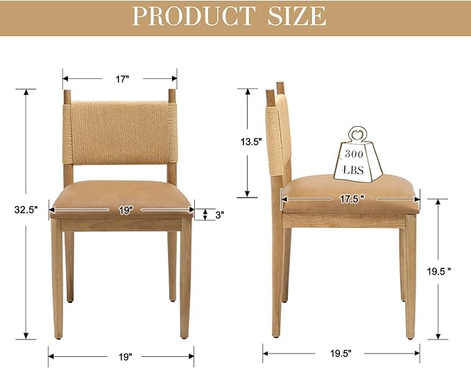 CIMOTA Faux Leather Modern Dining Chairs Set of 2, Mid Century Upholstered Dining Room Chairs with Woven Back, Armless Kitchen Chairs with Natural Solid Wood Legs, PU Brown