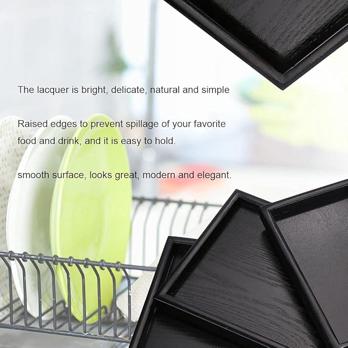 Solid Wood Serving Tray Rectangle Non-Slip Tea Coffee Snack Plate Food Meals Serving Tray with Raised Edges for Home Kitchen Restaurant(11.81x7.87x0.79, Black)