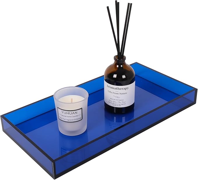 Acrylic Tray 5mm Thicken for Vanity Makeup, Perfume, Jewelry Holder, Napkin, Blue 12x6'' Decorative Serving Tray for Bathroom, Toilet Tank, Sink Countertop, Living Room,Dresser, Coffee Table