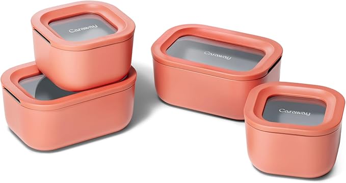 Caraway Mini Food Storage 9pc Set - Glass Storage Containers for Food - Non-Toxic Ceramic-Coated Glass - Air Release Technology - Compact & Stackable Design - Perracotta