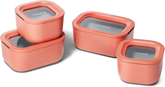 Caraway Mini Food Storage 9pc Set - Glass Storage Containers for Food - Non-Toxic Ceramic-Coated Glass - Air Release Technology - Compact & Stackable Design - Perracotta
