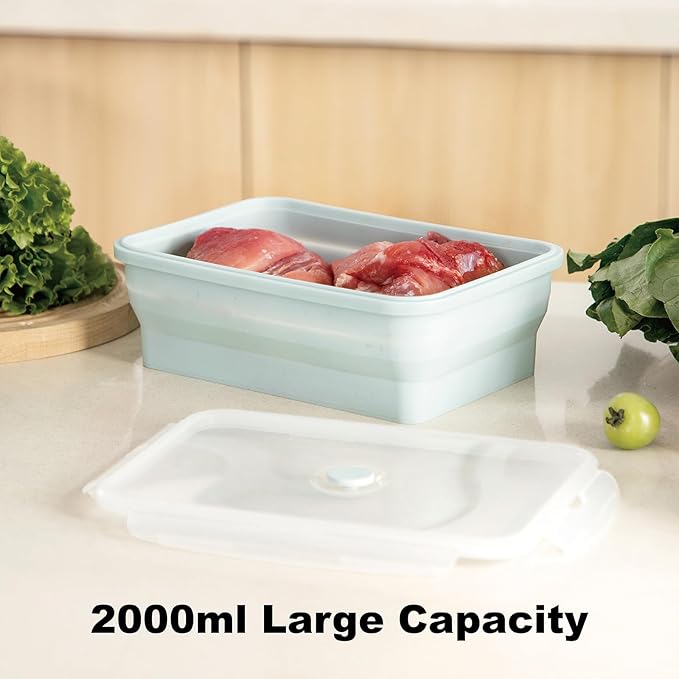 Large Collapsible Food Containers with Lids for Camping & Travel | Leak-Proof Silicone Storage Bowls,2000ml/1200ml/800ml, Dishwasher, Microwave Freezer Safe, Set of 3
