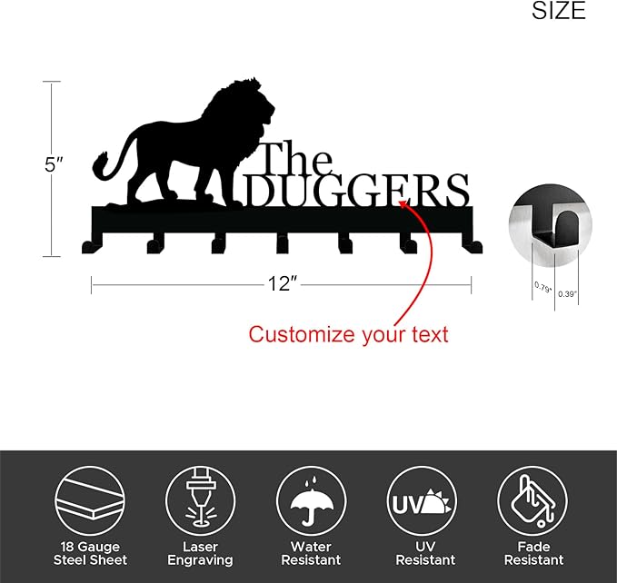 Personalized Key Holder with Name, Custom Metal Lion Silhouette Key Rack Hanger, Wall Organizer with 7 Hooks for Entryway, Front Door, Hallway, Kitchen, Farmhouse Decor