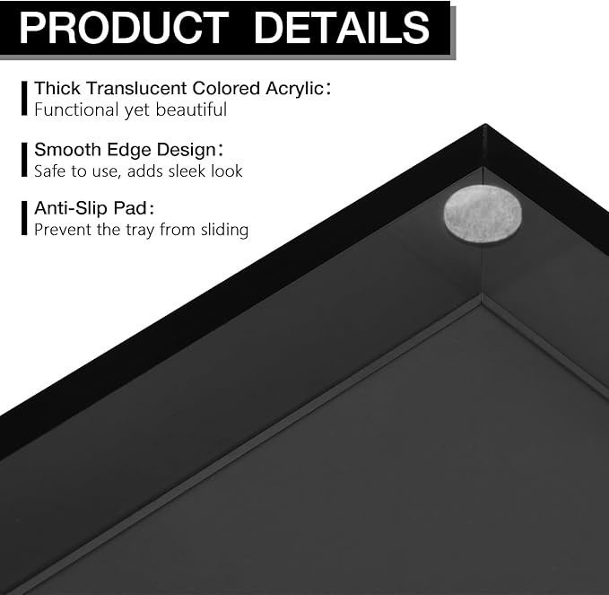 Acrylic Tray 5mm Thicken for Vanity Makeup, Perfume, Jewelry Holder, Napkin, Grey 12x6'' Decorative Serving Tray for Bathroom, Toilet Tank, Sink Countertop, Living Room,Dresser, Coffee Table,Wedding