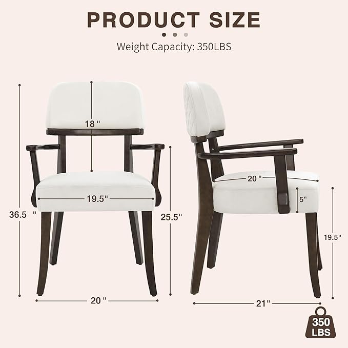 Modern Wood Dining Chairs with Arms, Velvet Upholstered Kitchen Chairs with Open Curved Backrest & Black Hardwood Legs, Accent Chairs 350 LBS Capacity, White