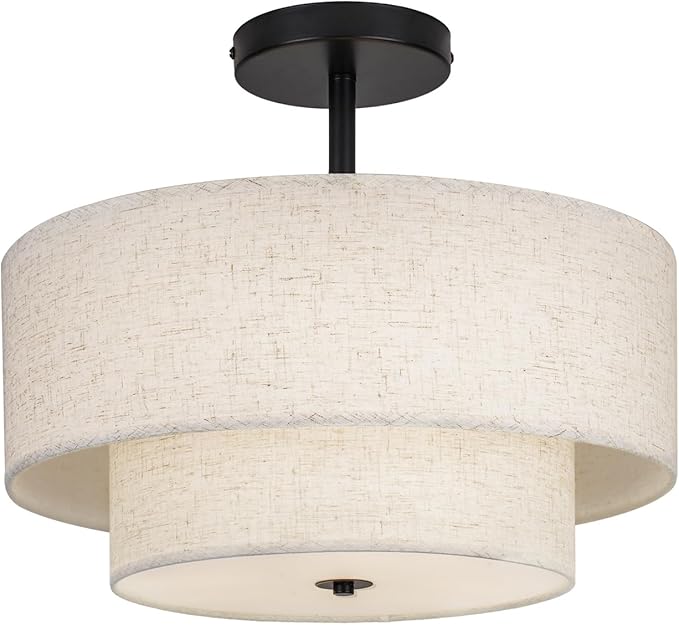 18 Inch Large Semi Flush Mount Ceiling Light Fixture with Dual Drum Design, Farmhouse Fabric Linen Shade for Bedroom, Living Room, Kitchen, and Dining - Modern Chandelier Lamp