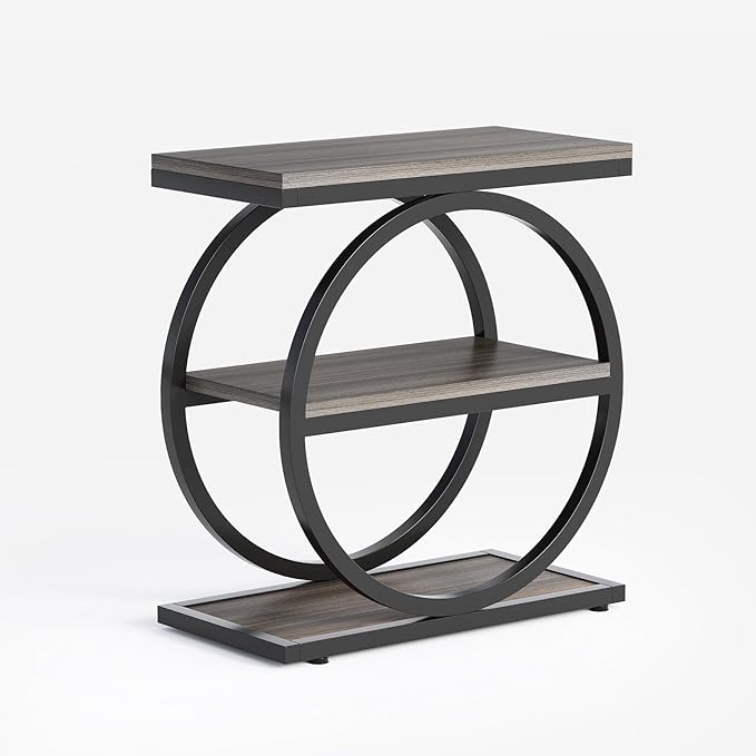 LITTLE TREE End Table, 3-Tier Side Table, Slim Sofa Side Table for Living Room, Tall Bedside Table Nightstand for Bedroom, Grey and Black