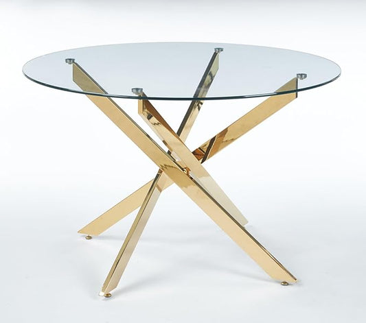 47.24" Round Dining Table for 6 8, Modern Clear Glass Kitchen Table for 6 with Gold X Metal Legs, Contemporary Circle Dining Room Leisure Tables for Kitchen Apartment