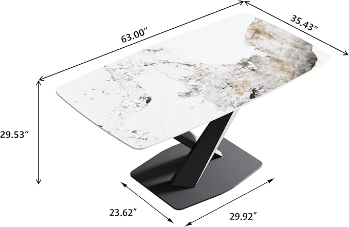 Modern Rectangle Marble Dining Table,63" Antique White Marble Sintered Stone Top Dining Table,Rectangle Dining Room Table with X-Shape Carbon Steel Pedestal Table for Kitchen/Living Room(Table Only)