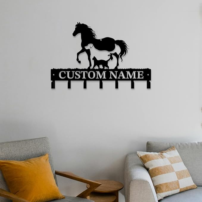 Personalized Custom Name Farm Horse Wall Key Hooks,Metal Horse Art Clothes Hooks,Metal Horse Wall Home Storage Decorative,For Front Door, Hallway, Kitchen, Bedroom,Keys,Hats (Style A)