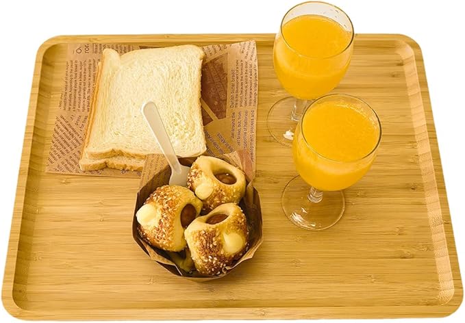 Bamboo Serving Tray Rectangle Platter Breakfast Dinner Food Bed Tray for Eating Kitchen Restaurants (1, 14.2" x 9.5" x 0.8" (no Handle))