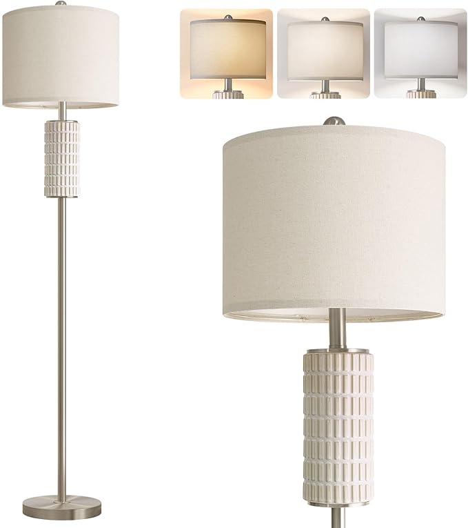 PoKat Ceramic Floor Lamps with Remote, 64" Modern Floor Lamps for Living Room with Stepless Dimmable Colors Temperature, Tall Standing Lamp for Living Room Bedroom Office, 9W Bulb Included, Silver