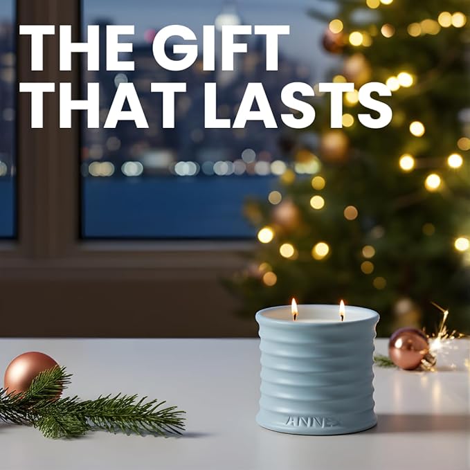 Scented Luxury Candles in Handmade Ceramic Jars, Soy Wax | Day On The Sea – Cypress & Cedar, Large Candle | Non Toxic, 2 Wicks, Reusable Big Blue Jar | Natural Spring Aromatherapy for Women & Men