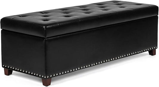 Joveco 47 Inch Storage Ottoman Bench,Tufted Leather Storage Bench with Nailhead Trim for Bedroom (47”,Black)