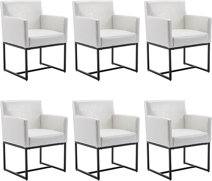 Set of 6 Upholstered Dining Chairs with Armrest, PU Leather Modern Accent Armchairs, Kitchen & Dining Room Chairs Side Chairs, White