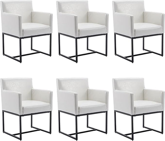 Set of 6 Upholstered Dining Chairs with Armrest, PU Leather Modern Accent Armchairs, Kitchen & Dining Room Chairs Side Chairs, White