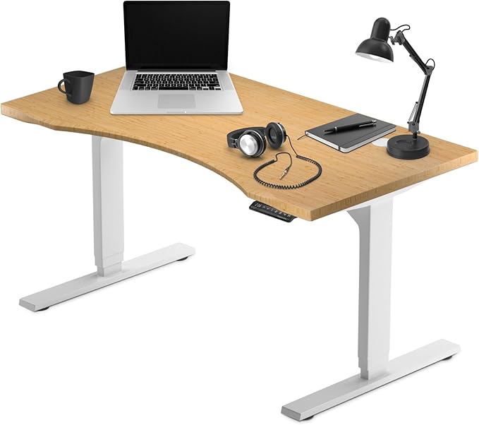 Progressive Desk Large Electric Stand Up Office Home Standing Desk Table, White Frame and Light Bamboo Ergo-Cut Tabletop Solo Ryzer 72"x 30"