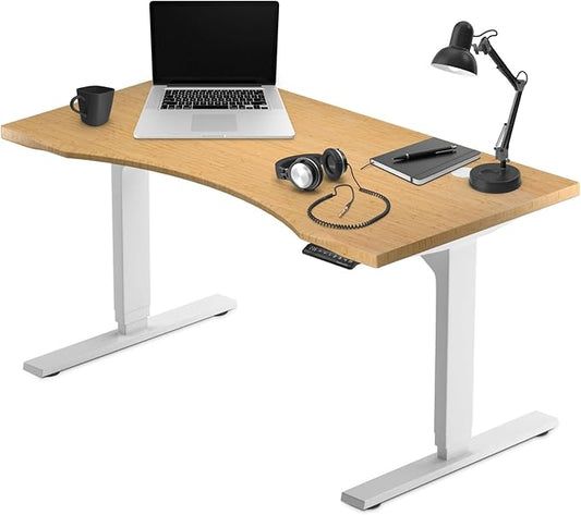 Progressive Desk Large Electric Stand Up Office Home Standing Desk Table, White Frame and Light Bamboo Ergo-Cut Tabletop Solo Ryzer 72"x 30"