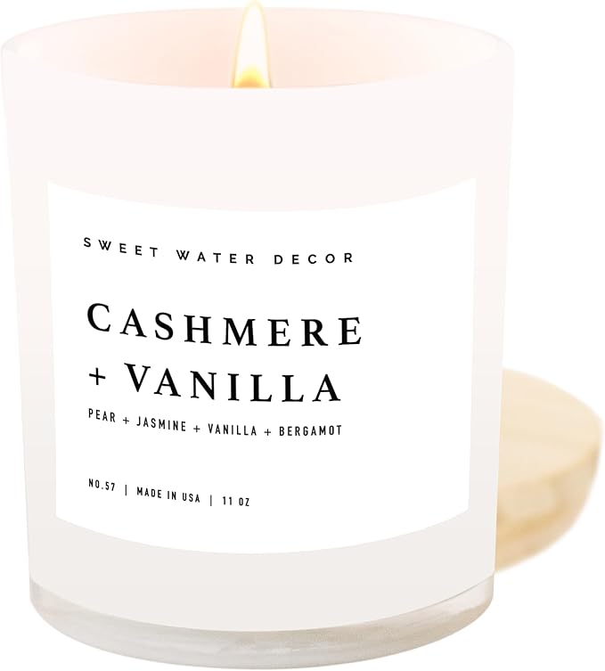 Sweet Water Decor Cashmere and Vanilla Soy Candle - Soft Cashmere, Sandalwood, Jasmine, and Vanilla Scented Candle for Spring - 11oz White Jar and Wood Lid, 50+ Hour Burn Time, Made in The USA