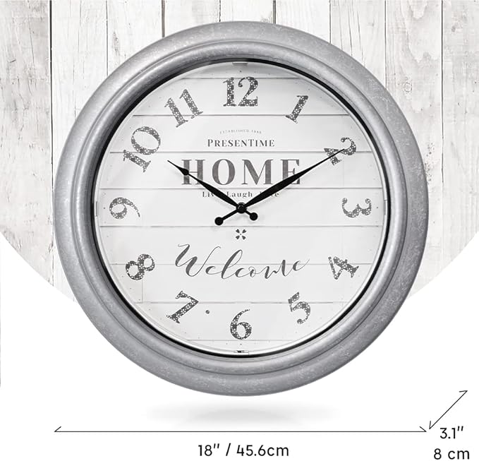 Presentime & Co 18" Vienna Modern Farmhouse Luminous Indoor/Outdoor Clock, Shiplap Style, Galvanized Silver Finish, Night Light with Smart Sensor, Wall Decoration, Outdoor Lights & Decoration.