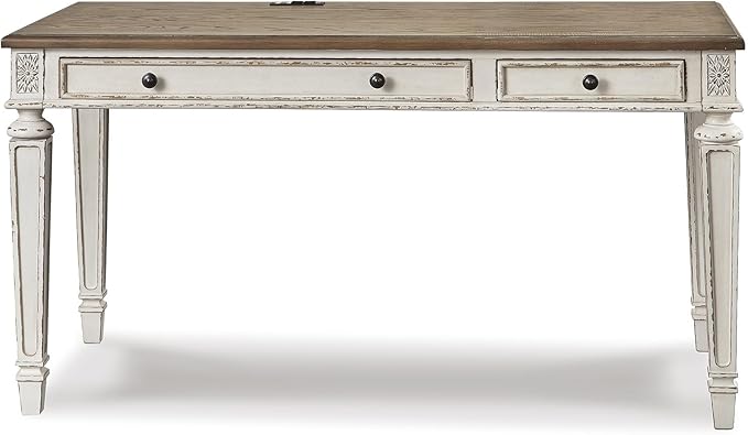 Signature Design by Ashley Realyn Farmhouse 60" Home Office Desk with USB Charging, Chipped White