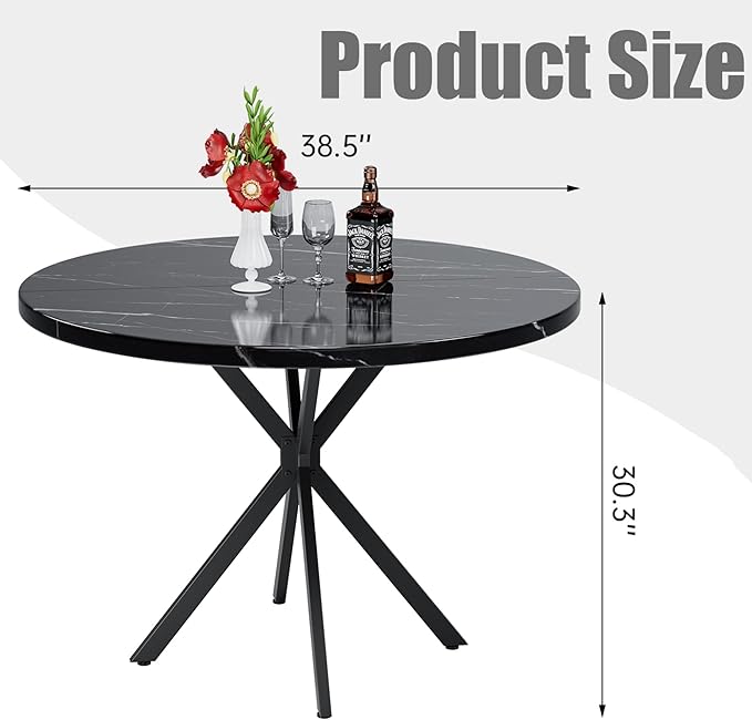 Round Dining Table, 39 Inch Modern Round Kitchen Table Black Dining with Black X Base, Kitchen Table Leisure Table for 4-5 People Small Space Dining Room, Apartment, Kitchen
