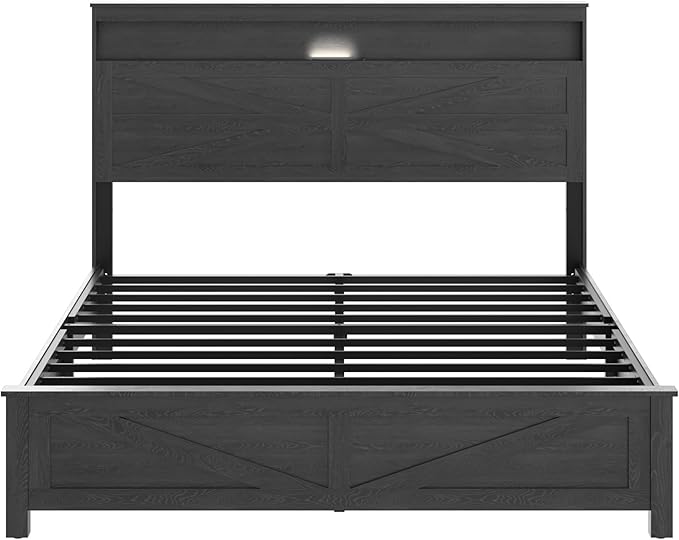 Farmhouse Wooden Bed Frame Queen Size with Storage Headboard, Boho Platform Bedframe with LED Lights and Charging Station, Metal Slats Support, No Box Spring Needed, Black