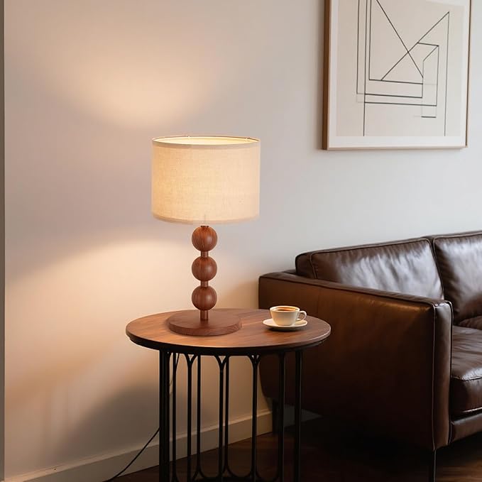 Bedside Nightstand Table Lamp for Bedroom Red Wood Pattern Iron Lamp with Fabric Shade, Mid Century Modern Farmhouse Table Lamp Desk Lamp for Living Room Home Office with LED E26 Bulb