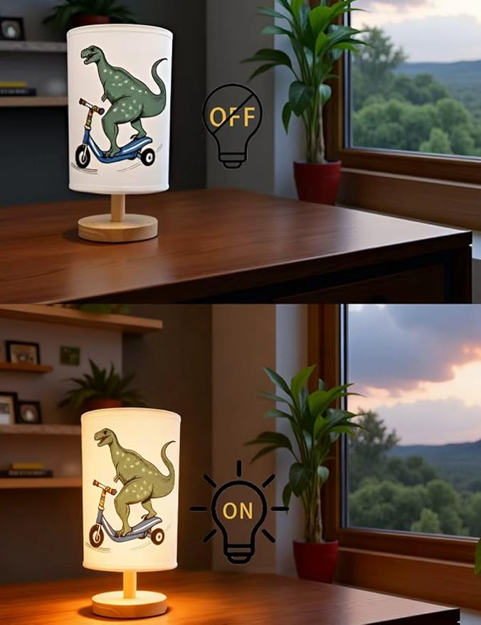 Dinosaur Lamp, Dinosaur Decor Boys Room, 3 Color Night Light Wood Nightstand Desk Base Flaxen Fabric Shade for Bedroom Living Room, Dino Lovers Gifts, LED Bulb Included (Blue Dinosaur)