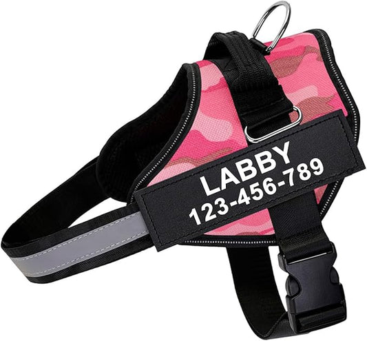 Custom No Pull Dog Harness with Name and Phone Number, Reflective Heavy Duty Personalized Pet Vest, Breathable Adjustable Harness to Prevent Tugging, Pulling or Choking