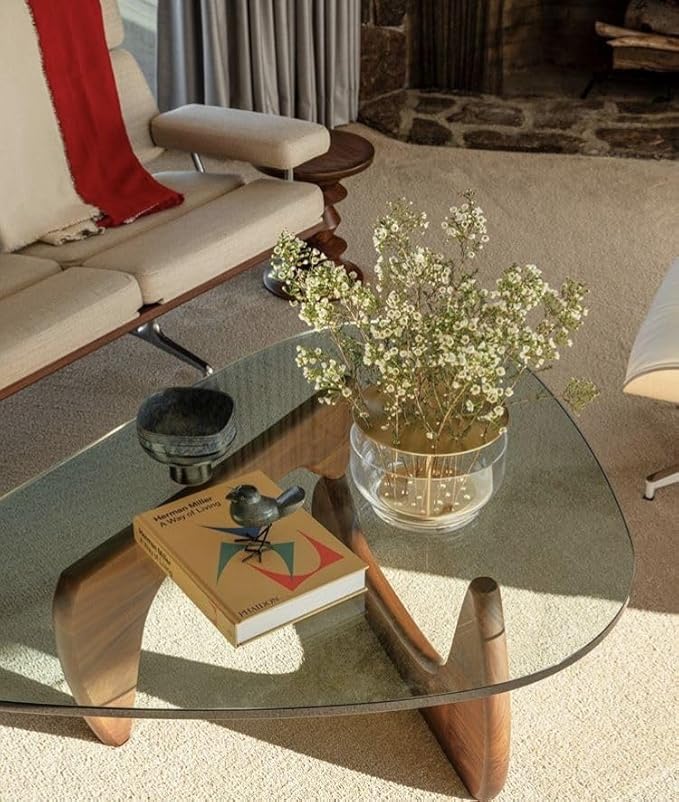 Noguchi Triangle Glass Coffee Table with Solid Wood Base, Vintage Clear Glass Top Modern Design for Living Room, Patio, Study, Light Walnut