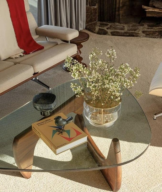 Noguchi Triangle Glass Coffee Table with Solid Wood Base, Vintage Clear Glass Top Modern Design for Living Room, Patio, Study, Light Walnut