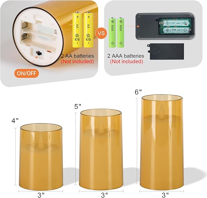 Homemory Realistic Flickering Flameless Candles, Battery Operated Candles with Remote Control and Timer, LED Fake Electric Candle for Home, Christmas Decoration, Gold, Set of 3