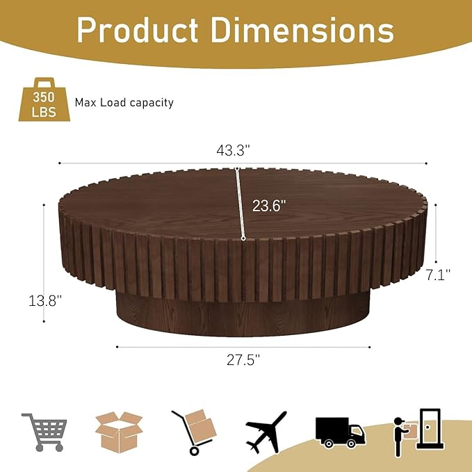 Oval Drum Coffee Table 43.3" Wooden Coffee Tables Handcrafted Fluted Drum Coffee Table Mid Century Modern Luxury Center Table Vintage Farmhouse Center Table for Living Room (Oval Dark Brown)