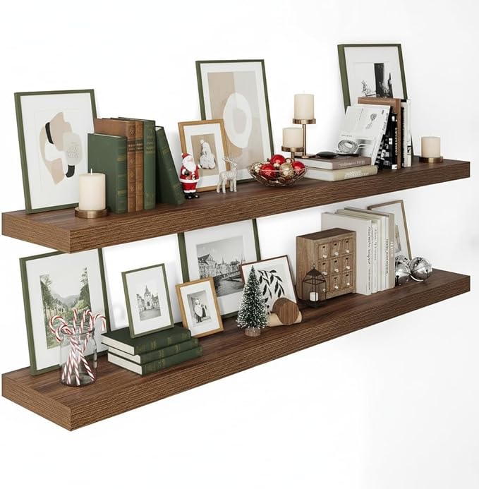 Vivelove Wide Floating Shelves for Wall 12 Inch Deep, 55" X 12" X 2" Floating Shelf, 2 Inch Thick Shelf for Living Room Bathroom Bedroom Kitchen Book Room, Rustic Farmhouse Decor Set of 2, Walnut