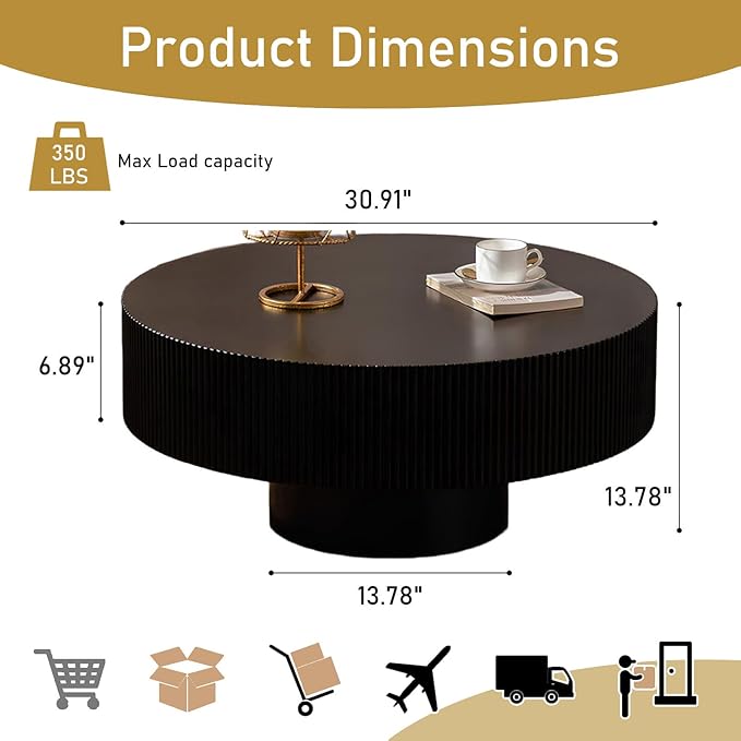 Round Drum Coffee Table 30.91" Handcrafted Fluted Drum Coffee Table Mid Century Accent Tables Modern Luxury Circle Center Table Vintage Farmhouse Center Table for Living Room (Black Thick)
