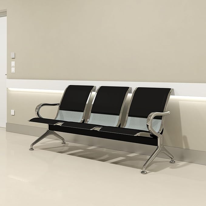 Kinfant 3-Seat Waiting Room Bench Set - PU Leather Office Chair Guest Reception Waiting Room Chair for Airport, Hospital, Bank, Salon, Barbershop, Black