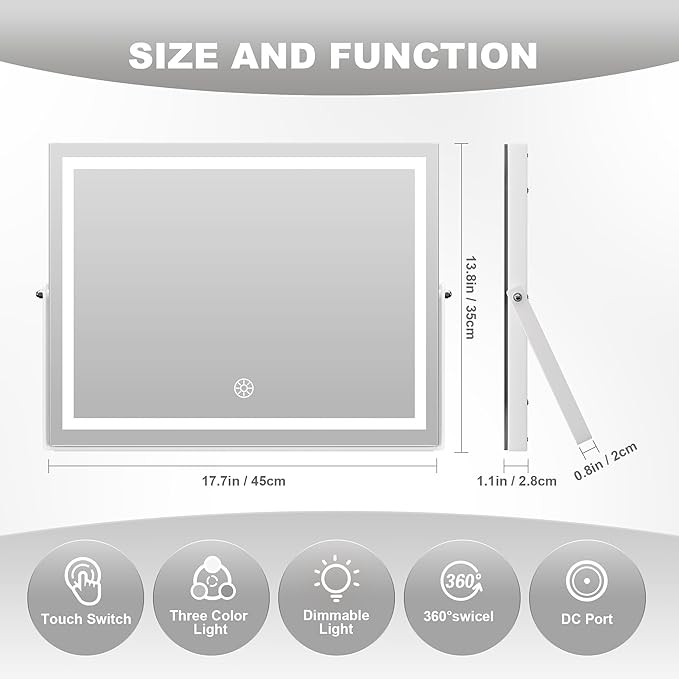 Hasipu Vanity Mirror with Lights, 17.7" x 13.8" LED Makeup Mirror with 10X Magnification, Smart Touch 3 Colors Dimmable, Brightness Adjustment, 360° Rotation, White