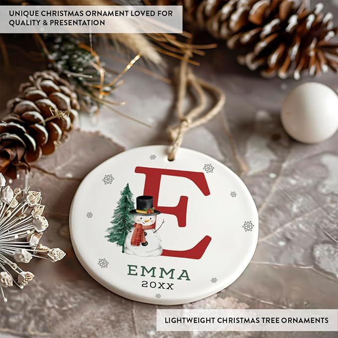 Andaz Press Personalized Christmas Ornament, Custom Name, Initial E Monogram Snowman 2.8" Ceramic Porcelain 2025 Christmas Ornament Keepsake for Kids, Boys, Girls, 1-Pack Initial Ornaments