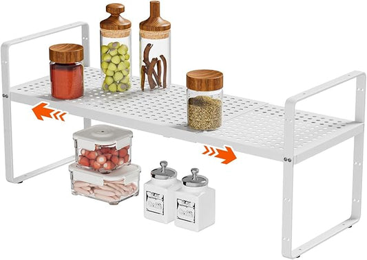 16.5-27’’L Expandable Cabinet Countertop Shelf Organizer, Stackable Metal Shelves, Kitchen Organizers and Storage, White Storage Spice Rack for Pantry and Cupboard