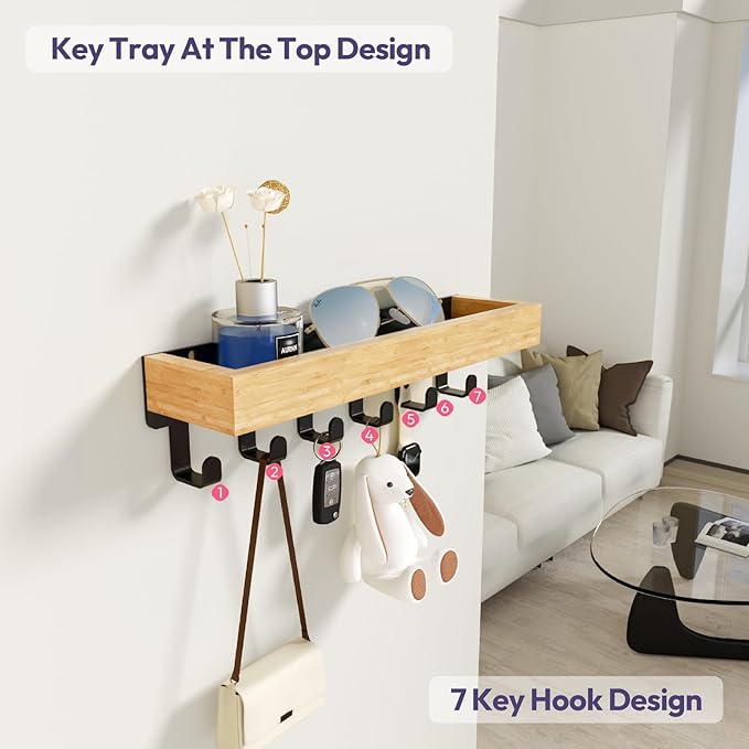 SWTYMIKI Key Holder Wall Mount - Wooden Key Hooks for Wall with Mail Organizer & 6 Hooks, 2 Installation Ways Key Hanger, Key Rack with Shelf for Entryway Living Room Bedroom Office Home Decor Wood