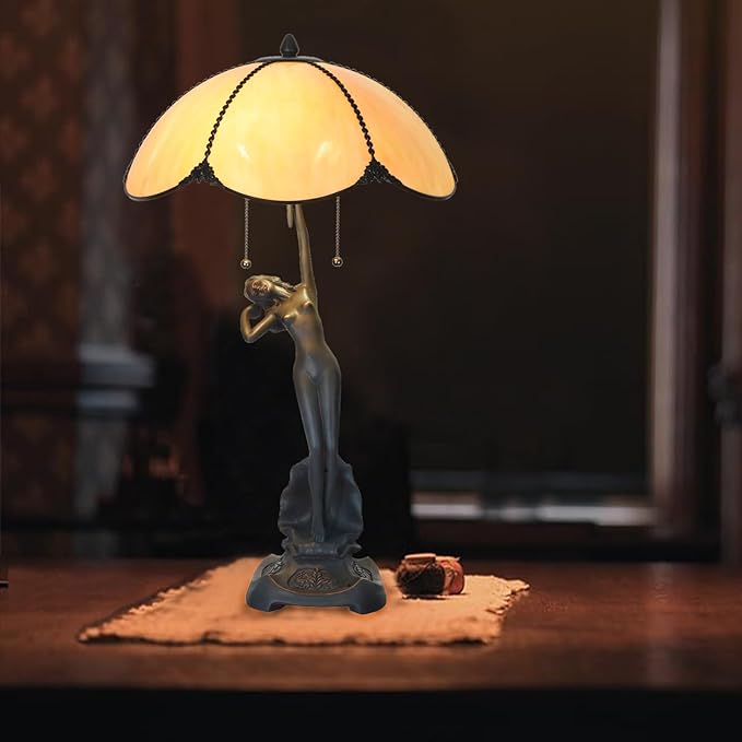 TL0033 Tiffany Style Table Lamp Stained Glass Umbrella Shade with Lady Sculpture Base W 15.75 X OH 27 Inches, Art Nouveau Lamp for Home Office, LED Bulbs Included