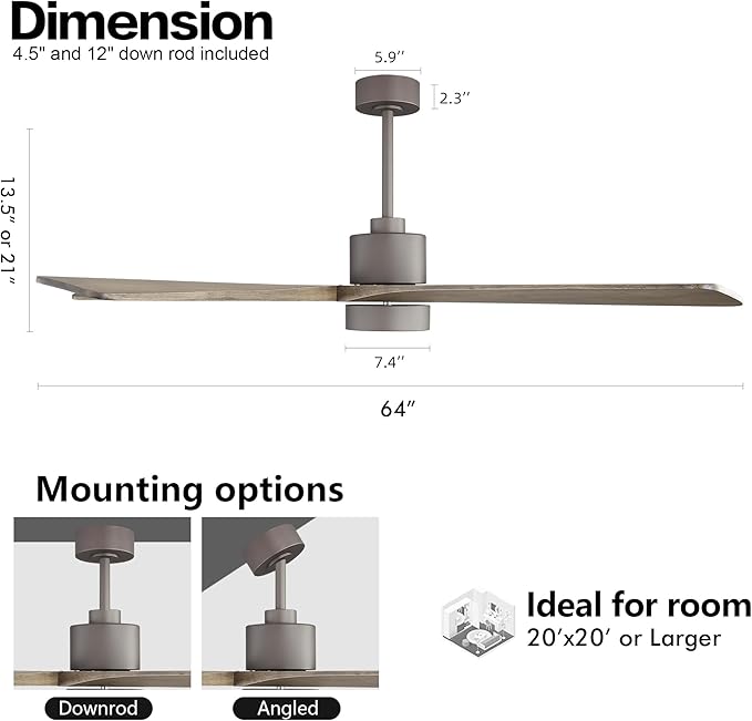 WINGBO 64 Inch DC Ceiling Fan with Lights and Remote Control, 5 Reversible Carved Wood Blades, 6-Speed Noiseless DC Motor, Modern Ceiling Fan in Graphite Finish with Gray Blades, ETL Listed